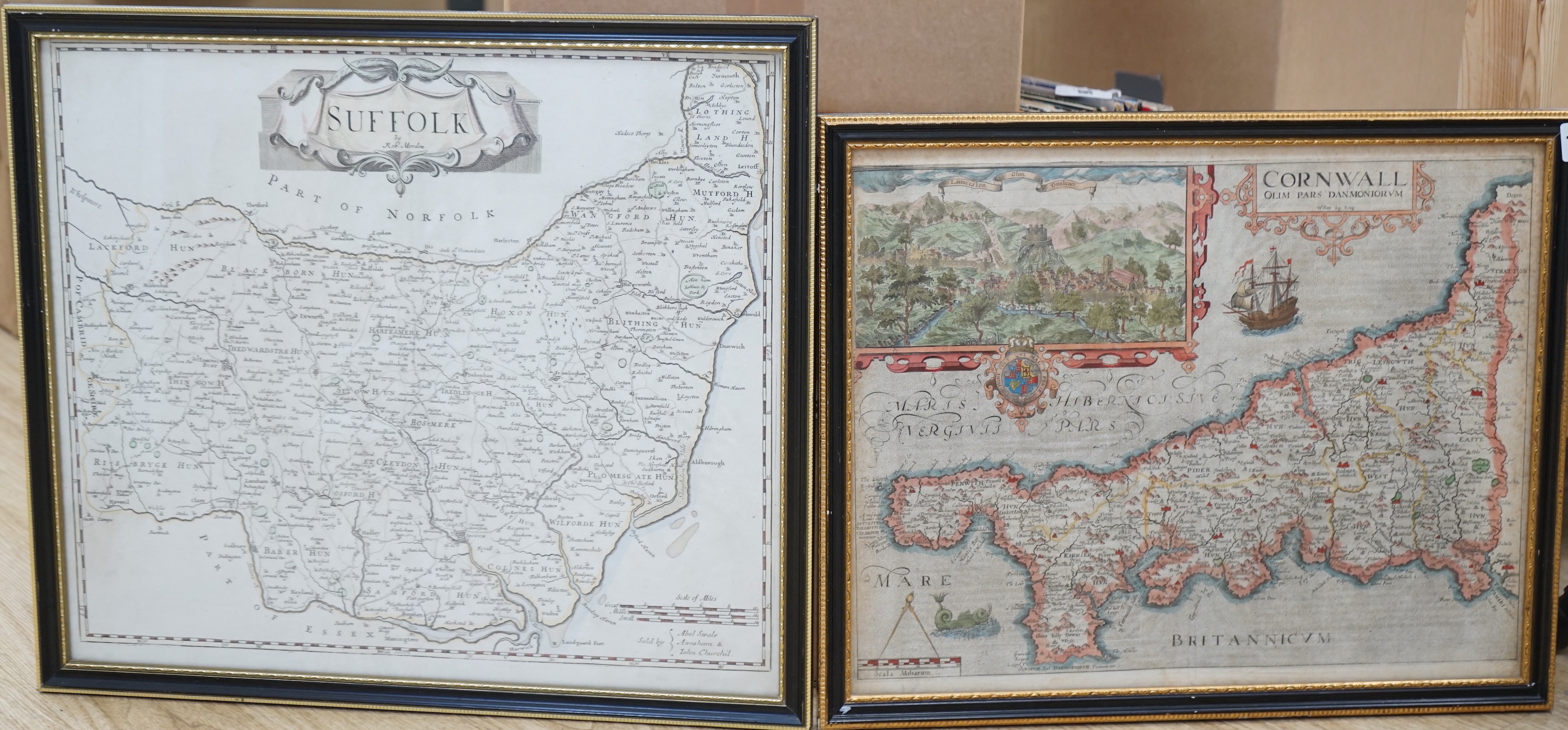 William Kip, after Christopher Saxton (c.1540-c.1610), hand coloured Map of Cornwall, text verso, together with a Map of Suffolk by Robert Morden (1650-1703) largest 37.5 x 43cm